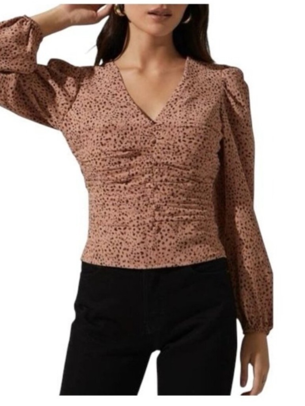 ASTR the label leopard print cinch front puff sleeve top blouse cream brown